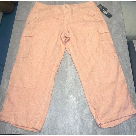 Lauren Ralph Lauren Pants - Lauren Ralph Lauren 18W Tangerine 100% Linen Cargo Pockets Beachy Coastal Comfy